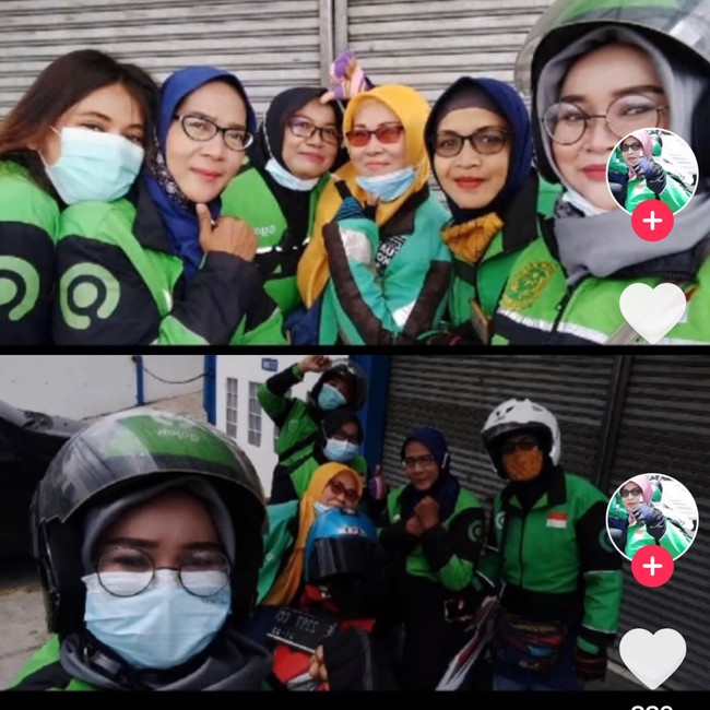 Ia memakai seragam ojol hijau dan perlengkapan berkendara. Bersama ojol wanita lainnya, Galih membaur dan terlihat kompak. Galuh mengungkapkan jika kehidupannya berubah sejak tahun 2017. Foto: Dok. Tangkap layar akun TikTok @galuh_boengas.