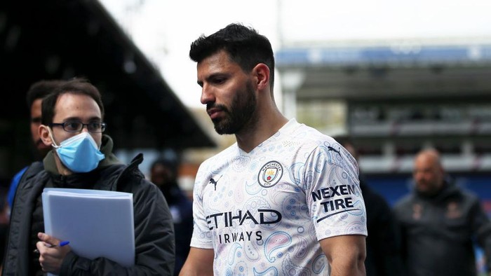 LONDON, ENGLAND - MAY 01: Sergio Aguero of Manchester City looks on following the Premier League match between Crystal Palace and Manchester City at Selhurst Park on May 01, 2021 in London, England. Sporting stadiums around the UK remain under strict restrictions due to the Coronavirus Pandemic as Government social distancing laws prohibit fans inside venues resulting in games being played behind closed doors. (Photo by Steven Paston - Pool/Getty Images)