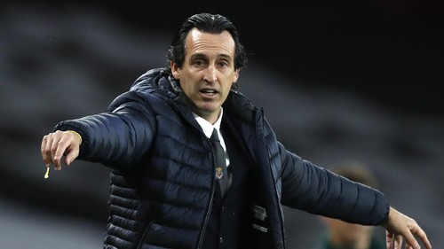 Villareals manager Unai Emery gives instructions from the side line during the Europa League semifinal second leg soccer match between Arsenal and Villarreal at the Emirates stadium in London, England, Thursday, May 6, 2021. (AP Photo/Alastair Grant)