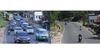 Turunan Paslon tahun 2019 (kiri), antrian kendaraan mengular hingga kawasan Cikaledong, Limbangan, Garut. Turunan Paslon tahun 2021 (kanan), sejumlah pengendara sepeda motor melintas di Turunan Paslon, Nagreg.