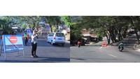 Jalan Cagak Nagreg tahun 2019 (kiri), jalur menuju Cikaledong, Limbangan, Garut ditutup sementara. Personil Satlantas Polresta Bandung mengalihkan arus lalu lintas ke Kadungora, Leles, Garut. Jalan Cagak Nagreg tahun 2021 (kanan), tidak ada pengaturan arus lalu lintas atau buka tutup jalur di Jalan Cagak Nagreg pada mudik 2021.