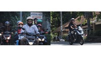 Pemudik motor tahun 2019 (kiri), pemudik motor turut mendominasi arus lalu lintas di jalur selatan Nagreg. Tidak nampak pemudik motor tahun 2021 (kanan), pengendara sepeda motor melintas di jalur selatan Nagreg. 