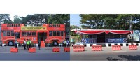 Pos Polisi Bentuk Bandros tahun 2019 (kiri), pos Polisi ini menarik perhatian para pengguna jalan. Selain bisa berswafoto, pengendara juga bisa ikut beristirahat. Meski mudik dilarang pada tahun 2021 ini, pos polisi di Nagreg tetap didirikan. Pos itu berfungsi sebagai tempat pemantauan arus lalu lintas di kawasan Nagreg.