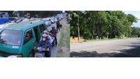 Tanjakan Nagrog tahun 2019 (kiri), mengalami kemacetan, terjadi bottle neck di jalur tersebut yang tadinya tiga lajur menjadi dua lajur. Kemacetan terjadi karna ada peningkatan volume kendaraan. Sementara di foto bagian kanan tampak arus lalu lintas yang lengang di Tanjakan Nagrog saat dipotret di tahun 2021.  