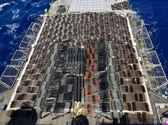 Weapons that the U.S. Navy described as coming from a hidden arms shipment aboard a stateless dhow are seen aboard the guided-missile cruiser USS Monterey on Saturday, May 8, 2021. The U.S. Navy announced Sunday it seized the arms shipment hidden aboard the vessel in the Arabian Sea, the latest-such interdiction by sailors amid the long-running war in Yemen. (U.S. Navy via AP)