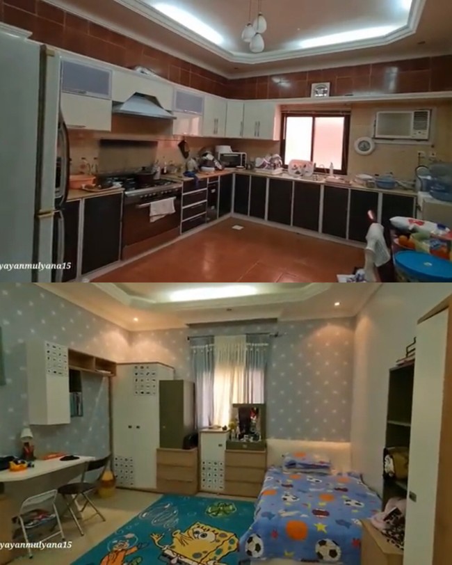 Bagian dapur terdapat kitchen set yang tersusun rapi. Video YouTube tersebut juga memperlihatkan kamar Farid yang bernuansa biru. Foto: Dok. Tangkap layar Youtube Alman Mulyana.