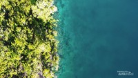 Kapal nelayan melintasi salah satu pulau di Togean. Kawasan ini masuk ke dalam perlindungan Taman Nasional Kepulauan Togean, karena memiliki keindahan terumbu karang dan biota laut yang patut untuk dilestarikan.