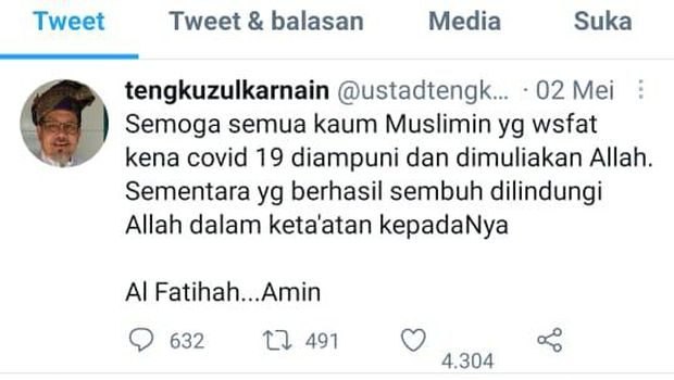 Tangkapan layar cuitan terakhir Ustaz Tengku Zulkarnain
