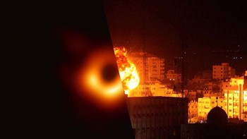 Setelah terjadi serangan Israel terhadap Palestina, Gallen mengeluarkan karya foto terbarunya, kolase negara perang dan damai. Seperti kolase bom Israel dengan gerhana matahari (Foto: Instagram/ugurgallen)