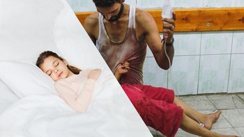 Dia menggabungkan foto karya fotografer lain menjadi sebuah foto yang kontras seperti pria Palestina merawat anaknya yang terluka. (Foto: Instagram/ugurgallen)