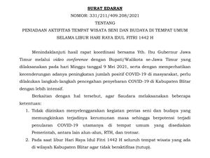 Kabupaten Blitar Tutup Semua Obyek Wisata Selama Libur Lebaran