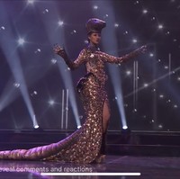 Kostum ini merupakan buah kolaborasi desainer mode Diana M. Putri dari Diana Couture dan desainer aksesori Yuling Hoo dan Silvy Prajogo dari Le Ciel Design. Diana Putri menggunakan payet tiga dimensi berwarna hitam dan emas, demi menciptakan tekstur yang sama seperti kulit komodo. Aspek robotik juga hadir pada kostum ini lewat permainan lampu merah yang berkilauan di sekitaran bahu. (Foto: Facebook/Miss Universe)