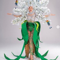 Kostum nasional unik yang satu ini dikenakan oleh Miss Universe El Salvador, Vanessa Velasquez. Kostum yang didominasi warna putih dan hijau itu merupakan karya dari Francisco Guerrero dan terinspirasi dari bunga nasional di El Salvador, Flor de Izote. Foto: Instagram
