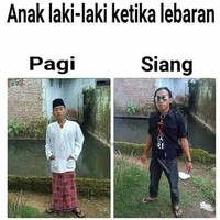 Penampilan cowok di pagi hari pas Lebaran vs siang hari. Paginya masih rapih pakai baju koko dan peci, siangnya sudah kembali seperti biasa. Foto: instagram.com/humornya.dadang
