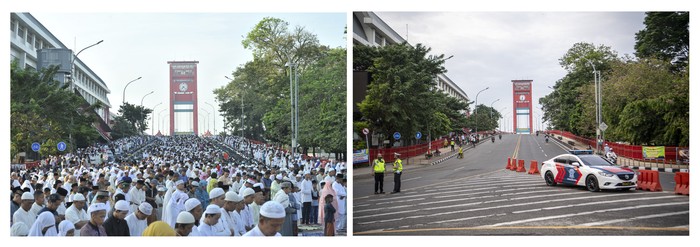 PUSAT KOTA PALEMBANG TANPA SHALAT IDUL FITRI Foto kolase perbandingan suasana Shalat Idul Fitri 1440 H di Jembatan Ampera Palembang, Sumatera Selatan, sebelum adanya pandemi COVID-19 (kiri) dan saat pandemi (kanan), Kamis (13/5/2021). Pemerintah Kota Palembang bersama Kemenag Palembang, Polrestabes dan Kodim 0418/Palembang melarang warga untuk melaksanakan Shalat Idul Fitri 1442 H di masjid secara menyeluruh dan menganulir izin shalat berdasarkan zonasi kelurahan sebelumnya. ANTARA FOTO/Nova Wahyudi/hp.