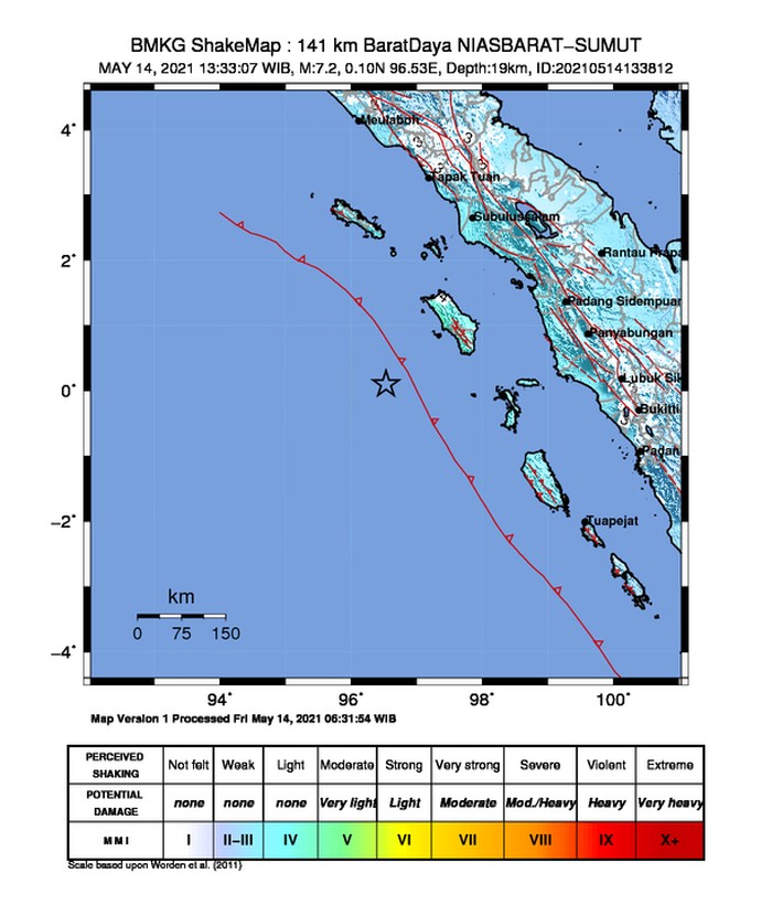 Shake map gempa M 7,2 di Nias Barat Sumut