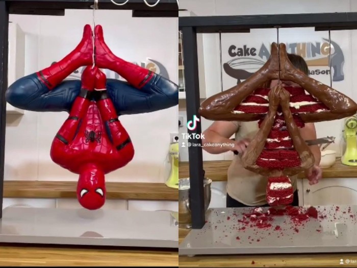 Keren! Wanita Ini Berhasil Buat Kue Spiderman yang Bergantung Terbalik