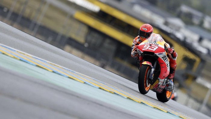 MotoGP rider Marc Marquez of Spain steers his motorcycle during the French Motorcycle Grand Prix in Le Mans, France, Sunday, May 16, 2021. (AP Photo/David Vincent)