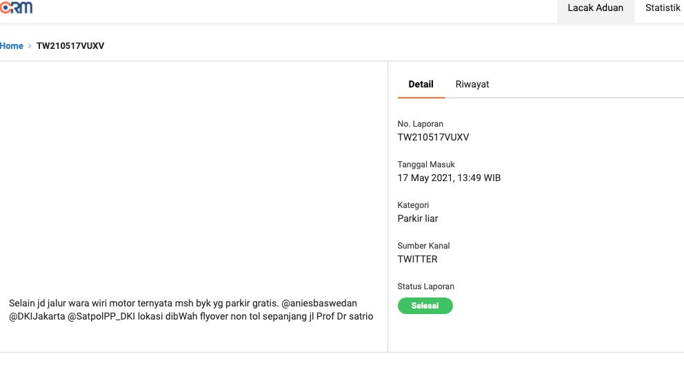 Status 'laporan selesai' dalam situs CRM DKI Jakarta soal trotoar median Jl Prof Dr Satrio yang diterobos pemotor, 17 Mei 2021, siang har. (Tangkapan layar situs CRM Jakarta)