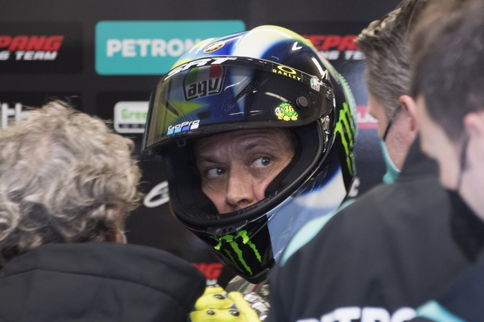 LE MANS, FRANCE - MAY 14: Valentino Rossi of Italy and Petronas Yamaha SRT looks on in box during the MotoGP of France - Practice at  on May 14, 2021 in Le Mans, France. (Photo by Mirco Lazzari gp/Getty Images)