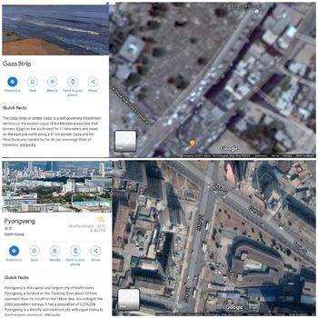Citra satelit Gaza di Google Earth (atas) dan Pyongyang