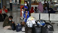 Para pemudik yang membawa barang bawaan khas mudik seperti tas besar, kardus hingga koper sedang menunggu kedatangan bus yang akan ditumpanginya.