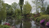 Terdapat kolam luas dengan bunga lily yang mengapung serta jembatan lengkung dari kayu dicat warna hijau.  