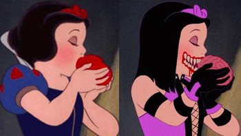 Ilustrasi unik ini adalah karya ilustrator Clrsart. Semenjak berubah menjadi Mileena, Putri Snow White sudah tidak menyukai buah apel ya. Malah makan otak, hiiii! (Foto: Geektyrant)