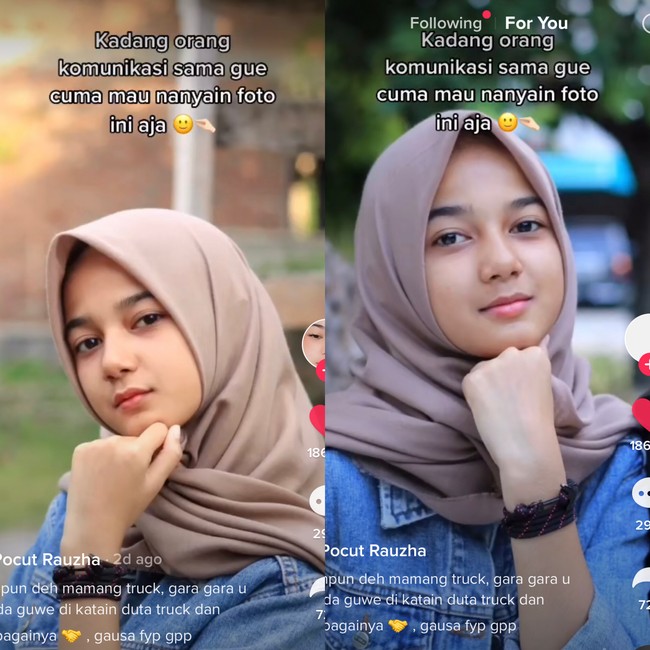 Kadang orang komunikasi sama gue cuma mau nanyain foto ini aja. Sampai guru SMP pun manggil cuma mau lihatin gue jadi highlight artikel yang judulnya janda lebih menggoda, tulis akun TikTok @pocutrauzha_. Foto: Dok. Tangkap layar akun TikTok @pocutrauzha_.