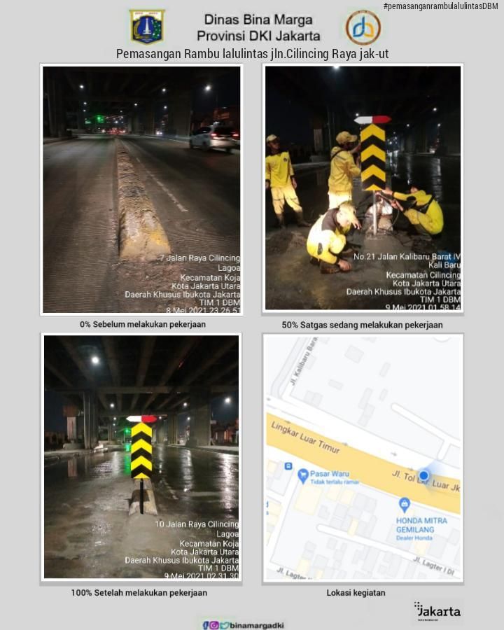 Pembuatan marka di pembatas jalan Jl Raya Cilincing Jakarta Utara.