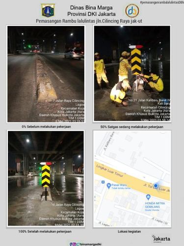 Pembuatan marka di pembatas jalan Jl Raya Cilincing Jakarta Utara.