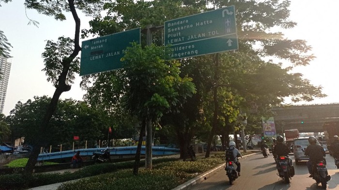 Penunjuk arah di Jl Daan Mogot, Jakarta Barat terhalang oleh pohon.