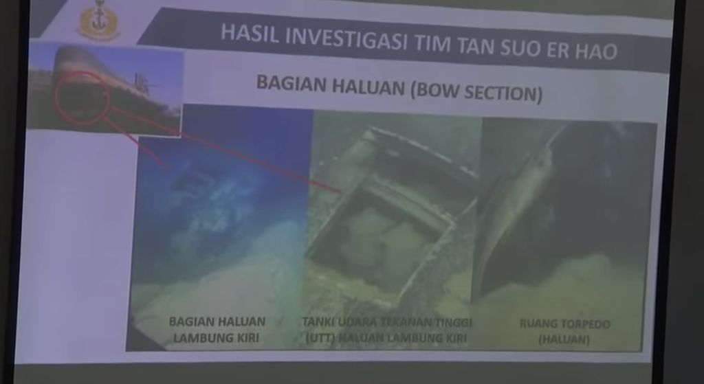 Proses investigasi tenggelamnya kapal selam KRI Nanggala 402 diduga tergeletak dekat dengan sebuah kawah di dasar laut pada kedalaman 838 meter.  (Tangkapan Layar Youtube  TNI ANGKATAN LAUT)