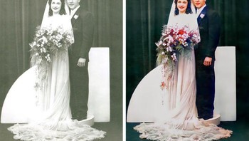 “Maukah seseorang, tolong untuk mewarnai foto pernikahan paman dan bibi saya, 1946. Paman mengenakan setelan biru. Dia memiliki rambut pirang gelap. Istrinya orang Italia. (Foto: Brightside)