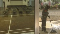 Selain itu, GOR di kawasan Cipayung ini juga disiapkan untuk ruang isolasi bagi para pemudik yang mulai kembali ke Ibu Kota. Petugas membersihkan area GOR bagi warga yang akan menjalani isolasi di GOR Cipayung, Jakarta, Jumat (21/5/2021).