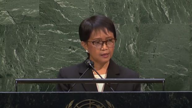 Pernyataan Menlu RI Retno Marsudi dalam Pertemuan Majelis Umum PBB mengenai Palestina. (tangkapan Layar Youtube MoFA Indonesia)