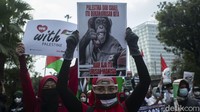 Bahkan ada juga yang membawa poster bergambar monyet dengan tulisan Palestina dan Israel itu bukan urusan kita, Biar saja itu urusan Manusia.