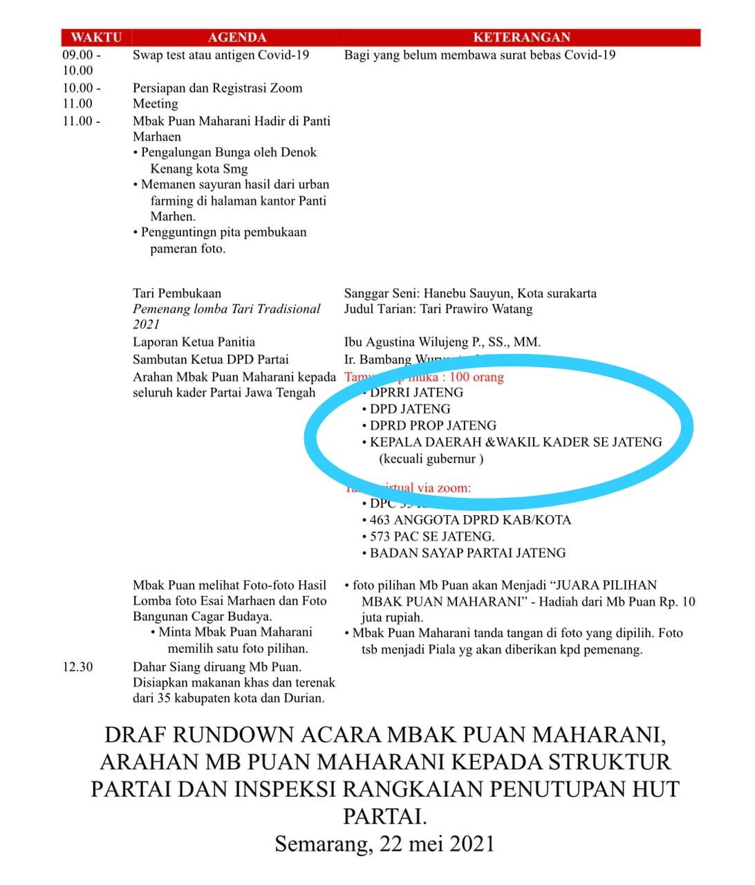 Foto draft rundown acara Puan Maharani yang tak undang Ganjar Pranowo, Semarang, Minggu (23/5/2021).