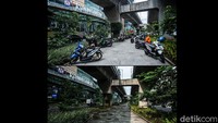 Terlihat sejumlah motor tampak asyik parkir sembarangan. Foto di bawahnya terlihat lengang dan bersih dari parkir kendaraan.