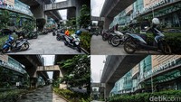 Dalam foto kolase terlihat kawasan kolong JLNT Casablanca ramai akan parkir liar sebelum petugas memasang palang S. 