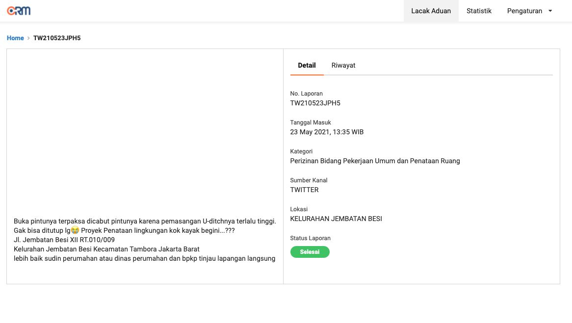 Laporan soal got menghalangi pintur rumah Agung Rahadian di Tambora Jakbar. (Situs crm.jakarta.go.id)