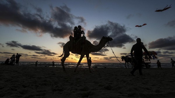 Warga Palestina mengendarai unta di pantai Kota Gaza, Palestina.  
