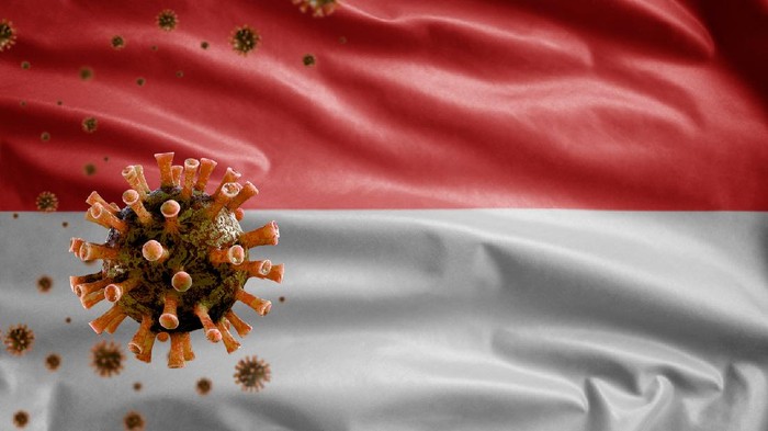 1300042309 Indonesian flag waving and Coronavirus 2019 nCov concept. Asian outbreak in Indonesia, coronaviruses influenza as dangerous flu strain cases as a pandemic. Microscope virus Covid19 close up.