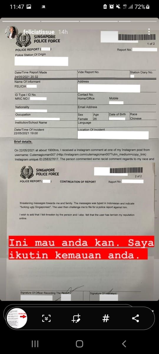 Felicia Tissue lapor ke polisi Singapura