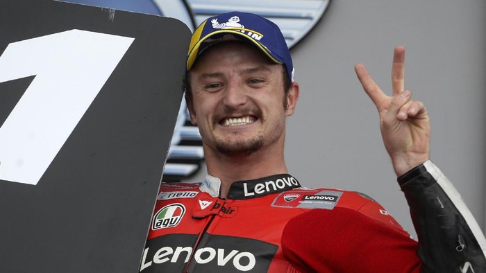 MotoGP rider Jack Miller of Australia celebrates after winning the French Motorcycle Grand Prix in Le Mans, France, Sunday, May 16, 2021. (AP Photo/David Vincent)