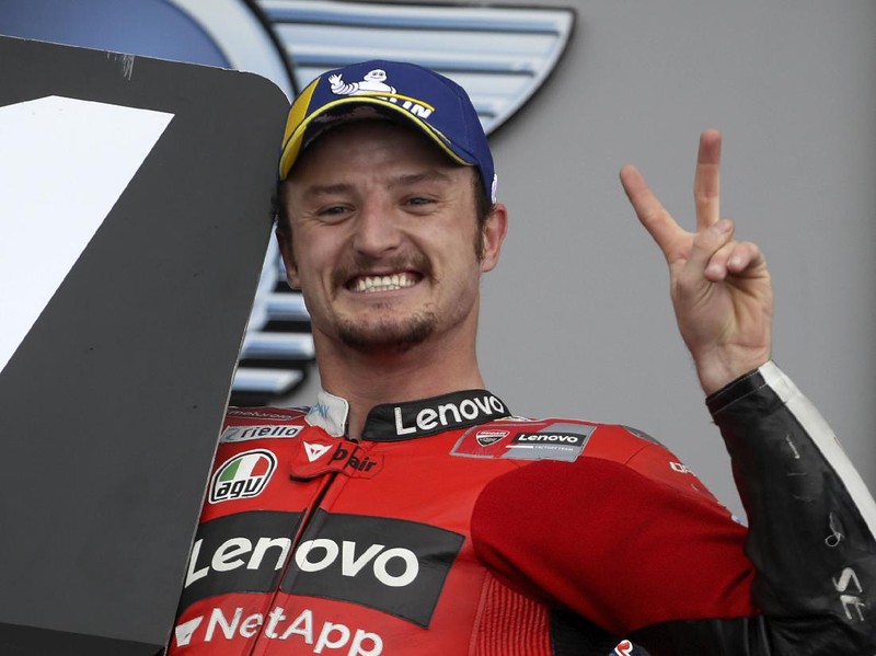 MotoGP rider Jack Miller of Australia celebrates after winning the French Motorcycle Grand Prix in Le Mans, France, Sunday, May 16, 2021. (AP Photo/David Vincent)