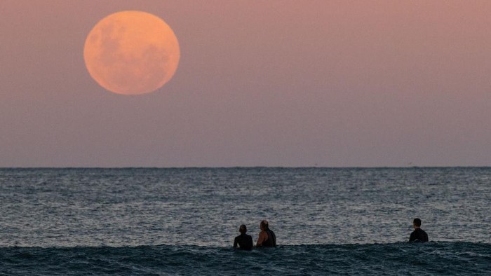 SYDNEY, AUSTRALIA - MAY 26: A surfer rides a wave as a super blood moon rises above the horizon at Manly Beach on May 26, 2021 in Sydney, Australia. It is the first total lunar eclipse in more than two years, which coincides with a supermoon.  A super moon is a name given to a full (or new) moon that occurs when the moon is in perigee - or closest to the earth - and it is the moons proximity to earth that results in its brighter and bigger appearance. (Photo by Cameron Spencer/Getty Images)