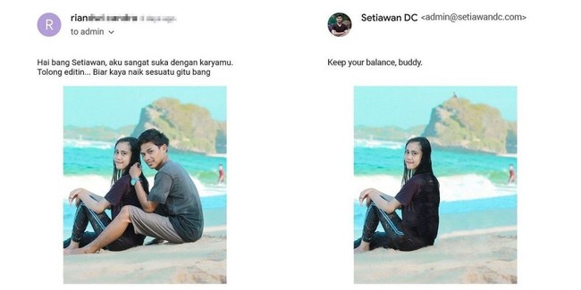 Setelah fotonya diedit akhirnya cita-cita si cowok bisa kesampaian. Si cowok jadi bisa naik tebing tinggi banget. Bikin ngakak! Foto: Instagram.com/dc_desain