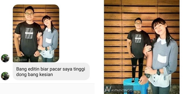 Nggak salah sih, pacarnya memang jadi terlihat lebih tinggi. Tapi kalau editannya kayak gini mah malah jadi terlihat nggak wajar kan? Foto: Instagram.com/avpaintingg