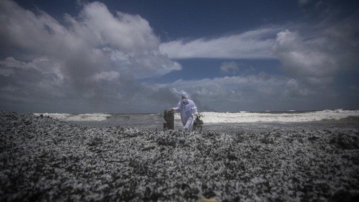 Limbah Kapal Kargo yang Terbakar Cemari Pantai Sri Lanka A Sri Lankan navy soldier clad in a protective suit walks on the mounds of debris that washed ashore from the burning Singaporean ship MV X-Press Pearl which is anchored off Colombo port at Kapungoda, out skirts of Colombo, Sri Lanka, Thursday, May 27, 2021. (AP Photo/Eranga Jayawardena)